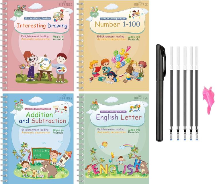 Picture of Magical Handwriting Workbooks Handwriting Practice Magic Copybook, Handwriting Aid Magic Pen Reusable Copybook Grooves Template Design for Children(4 Books, 10.2×7.2 in)