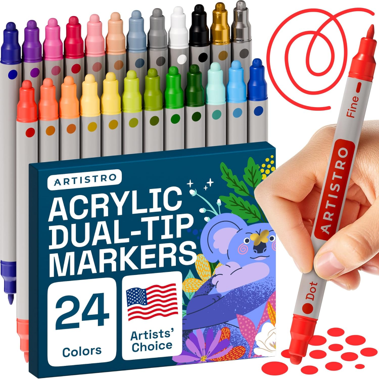 Picture of 24 Colors Acrylic Paint Pens Art Set – Dual Tip Markers for Fabric, Canvas, Rock, Glass, Wood, Paper – DIY Paint Markers for Kids & Adults