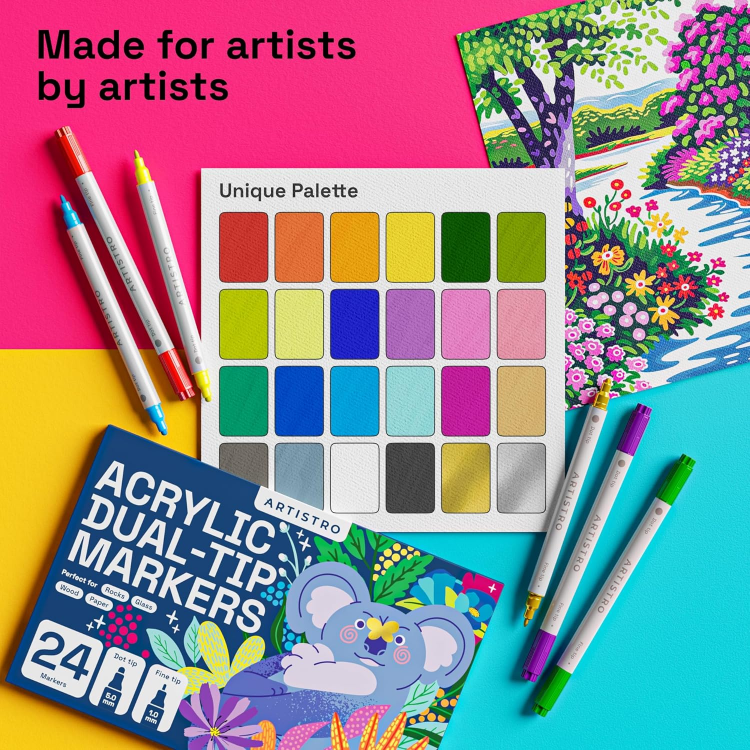 Picture of 24 Colors Acrylic Paint Pens Art Set – Dual Tip Markers for Fabric, Canvas, Rock, Glass, Wood, Paper – DIY Paint Markers for Kids & Adults