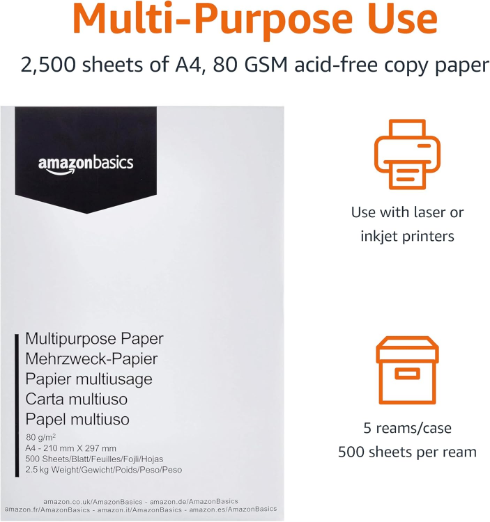 Picture of A4 Copy Printer Paper – 80 GSM White Multi-Purpose Paper, 2500 Sheets (Pack of 5)