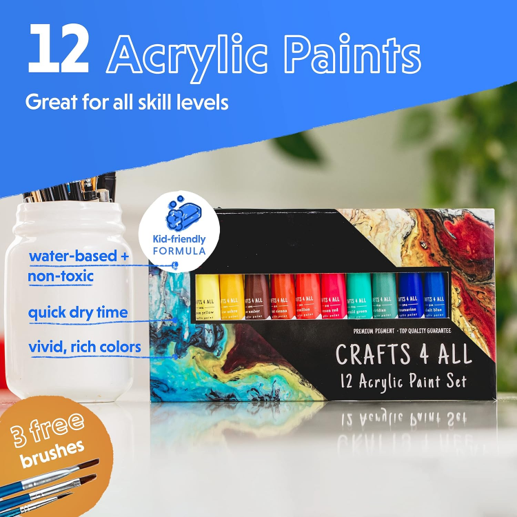 Picture of Acrylic Paint Set – 12 Non-Toxic Vibrant Colours for Canvas, Wood, Fabric & More – Ideal for Beginners, Students & Artists