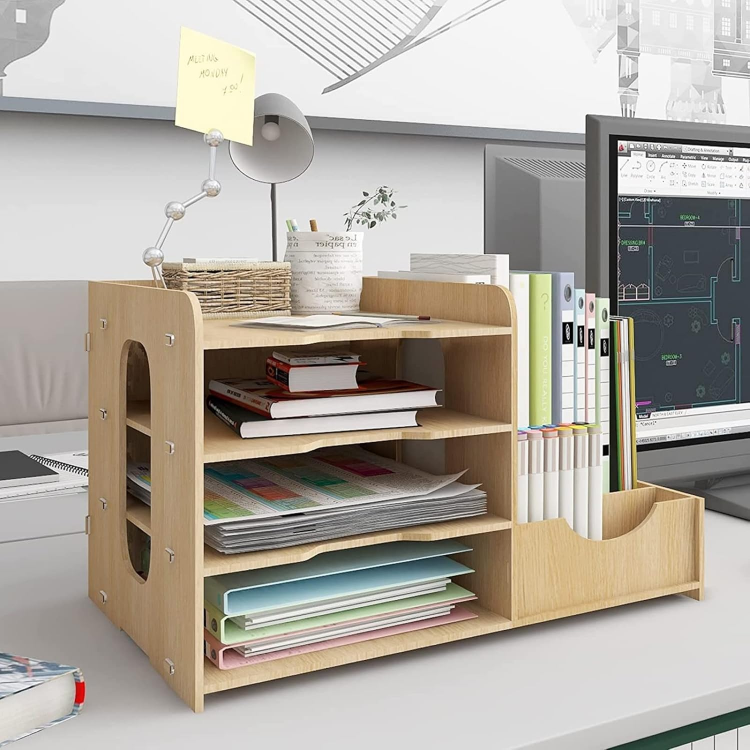 Picture of 4-Tier Wooden Office Desk Organizer – A4 Letter Tray, File Holder & Stationery Storage Rack for Desktop