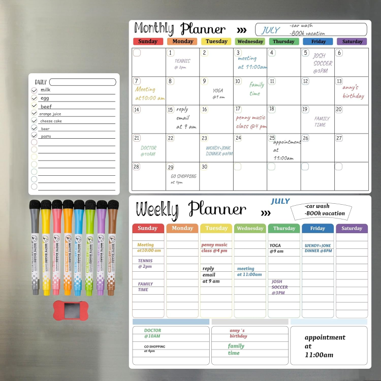 Picture of 3-Pack Magnetic Dry Erase Calendar Whiteboard Set – Monthly, Weekly & Daily Planners for Fridge, Wall & Office – Includes 8 Markers & Eraser