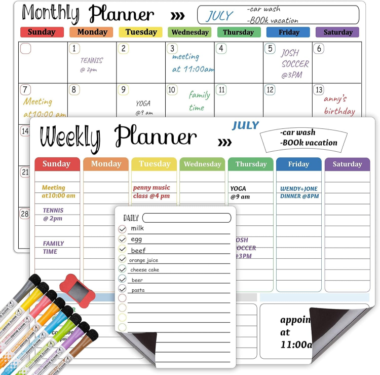 Picture of 3-Pack Magnetic Dry Erase Calendar Whiteboard Set – Monthly, Weekly & Daily Planners for Fridge, Wall & Office – Includes 8 Markers & Eraser