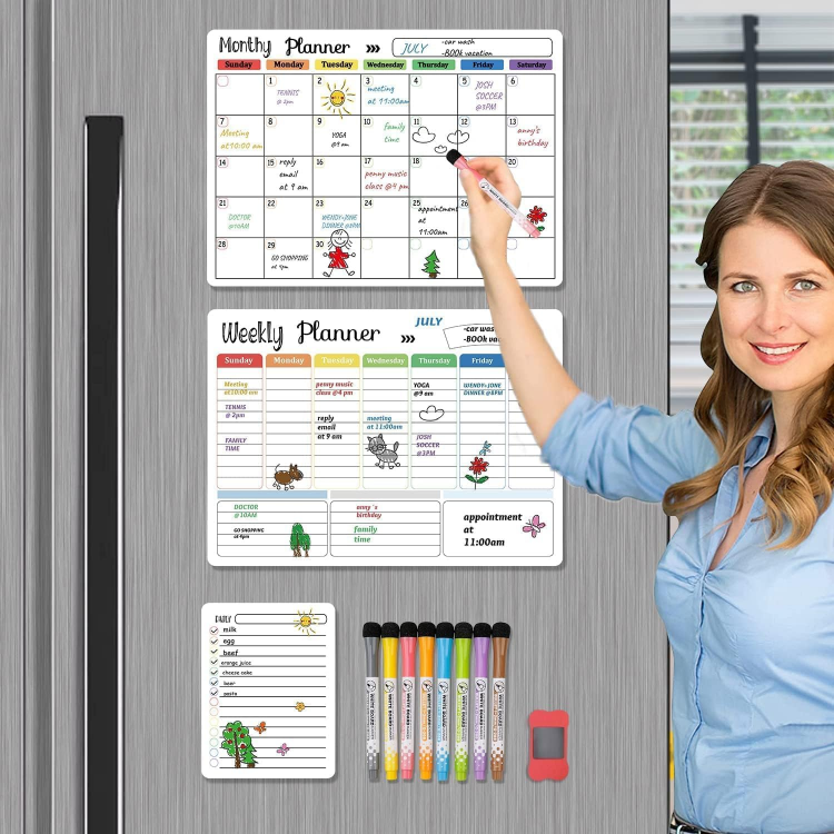 Picture of 3-Pack Magnetic Dry Erase Calendar Whiteboard Set – Monthly, Weekly & Daily Planners for Fridge, Wall & Office – Includes 8 Markers & Eraser
