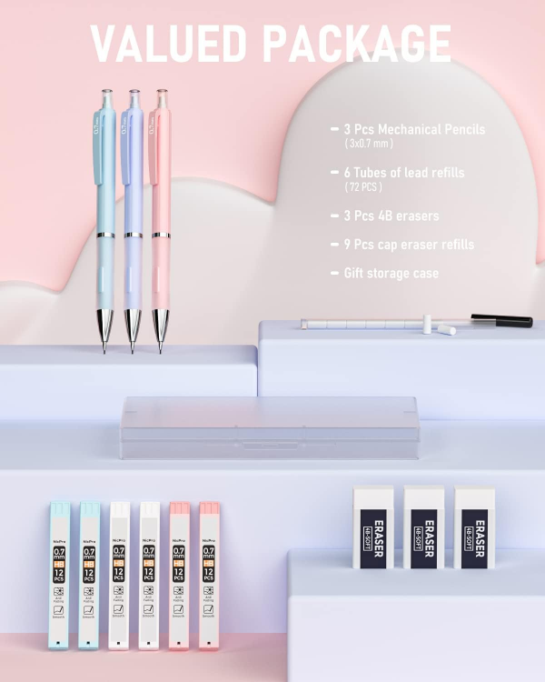 Picture of 3PCS Pastel Mechanical Pencil Set – 0.7mm with Case, HB Lead & Erasers – Ideal for Writing, Sketching & School Use