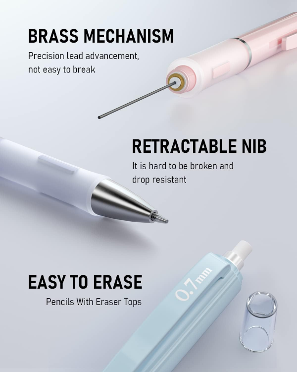Picture of 3PCS Pastel Mechanical Pencil Set – 0.7mm with Case, HB Lead & Erasers – Ideal for Writing, Sketching & School Use