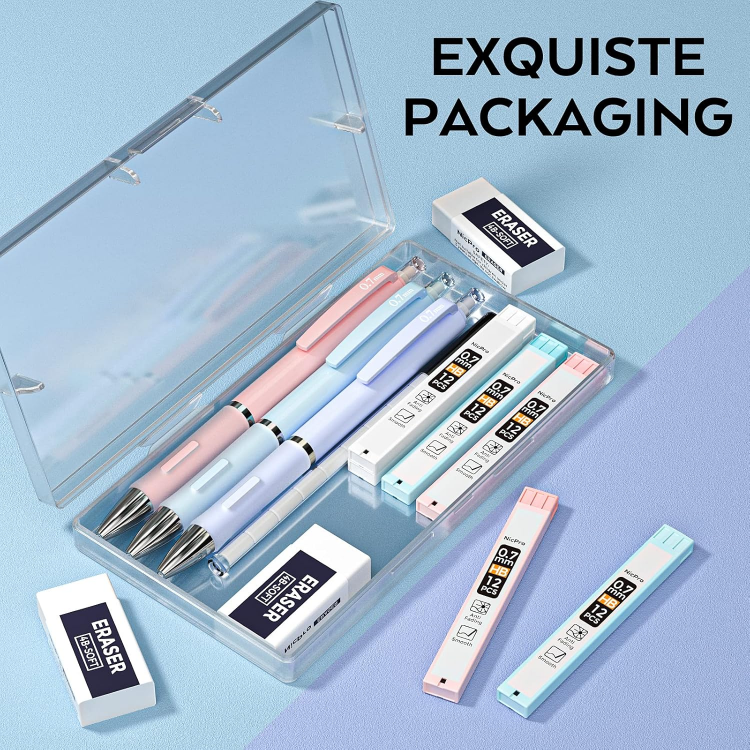 Picture of 3PCS Pastel Mechanical Pencil Set – 0.7mm with Case, HB Lead & Erasers – Ideal for Writing, Sketching & School Use