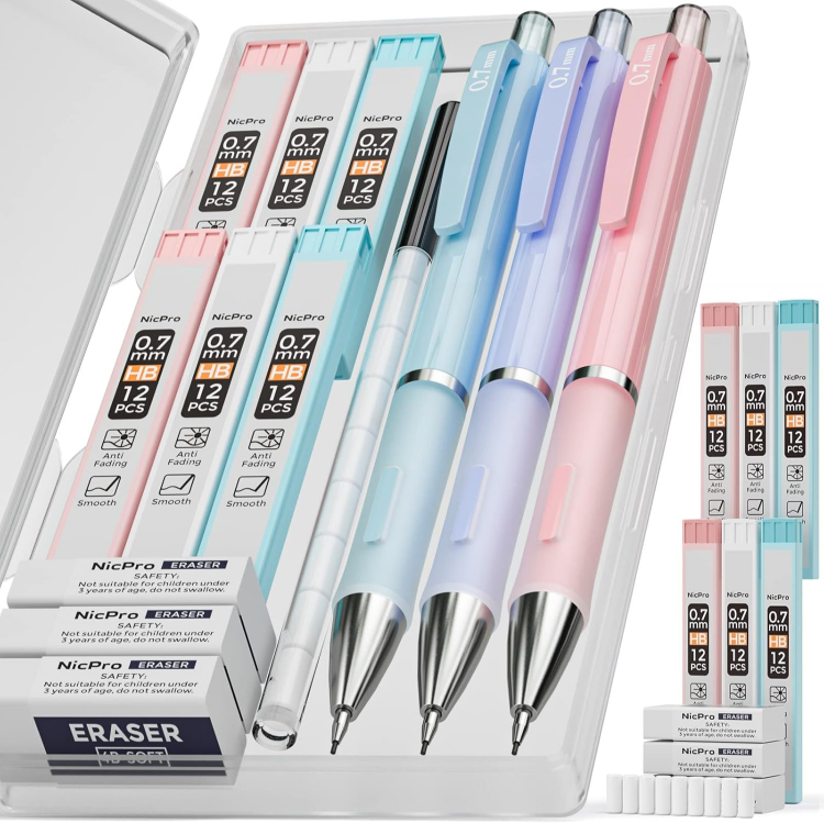 Picture of 3PCS Pastel Mechanical Pencil Set – 0.7mm with Case, HB Lead & Erasers – Ideal for Writing, Sketching & School Use