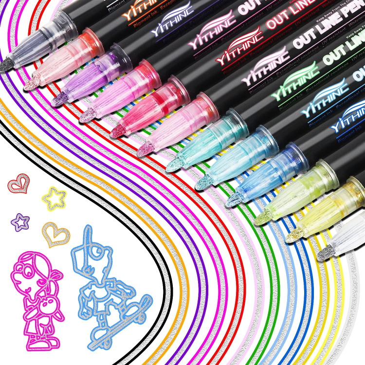 Picture of Glitter Outline Markers Set – 12 Metallic Coloring Pens for Kids, Teens & Craft Projects – Ideal Birthday Gifts for Girls & Art Supplies