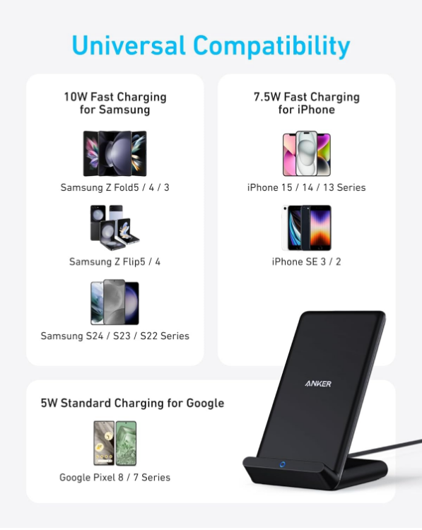 Picture of Anker Power Wave Wireless Charging Stand – Qi-Certified Fast Charger for iPhone 15/14/13/12, SE, 11 Series & Galaxy S20/S10/S9, 10W Fast Charge, Adjustable Phone Stand