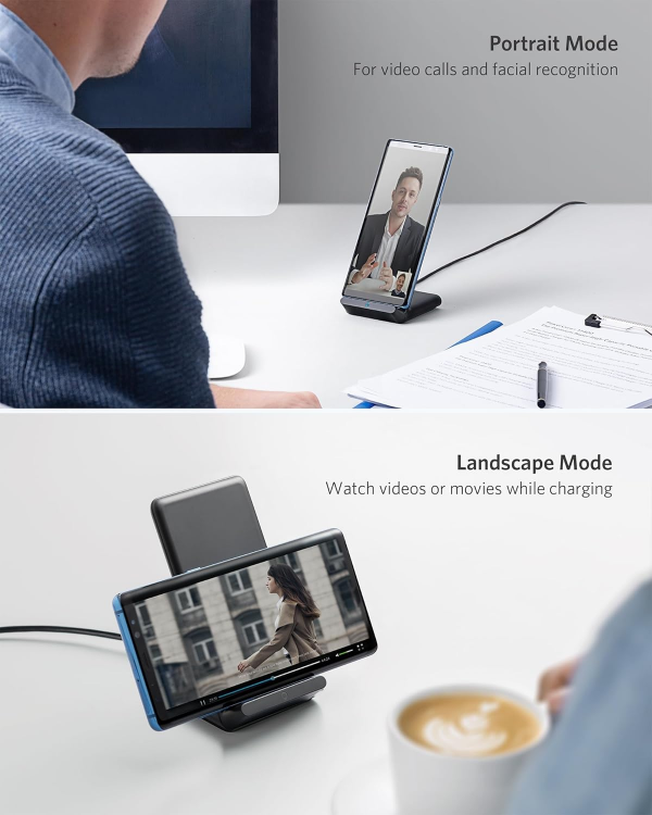 Picture of Anker Power Wave Wireless Charging Stand – Qi-Certified Fast Charger for iPhone 15/14/13/12, SE, 11 Series & Galaxy S20/S10/S9, 10W Fast Charge, Adjustable Phone Stand