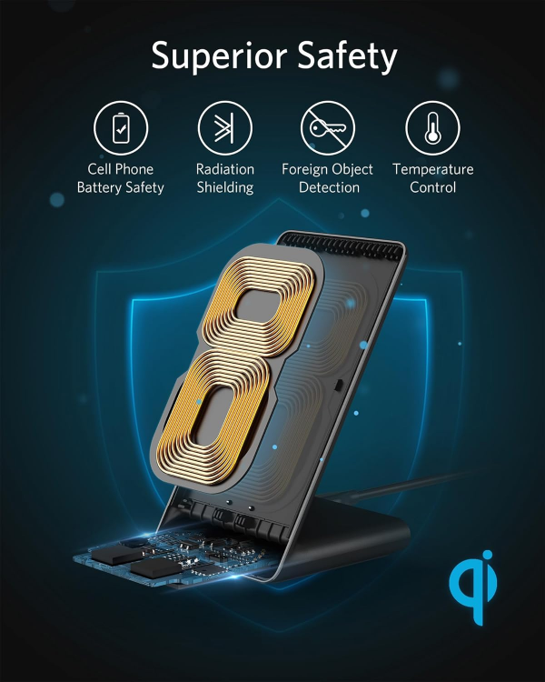 Picture of Anker Power Wave Wireless Charging Stand – Qi-Certified Fast Charger for iPhone 15/14/13/12, SE, 11 Series & Galaxy S20/S10/S9, 10W Fast Charge, Adjustable Phone Stand