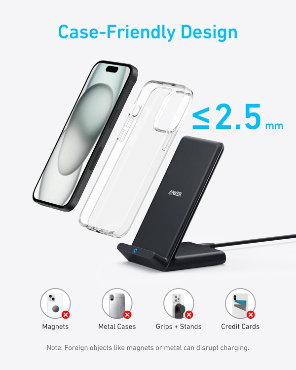 Picture of Anker Power Wave Wireless Charging Stand – Qi-Certified Fast Charger for iPhone 15/14/13/12, SE, 11 Series & Galaxy S20/S10/S9, 10W Fast Charge, Adjustable Phone Stand