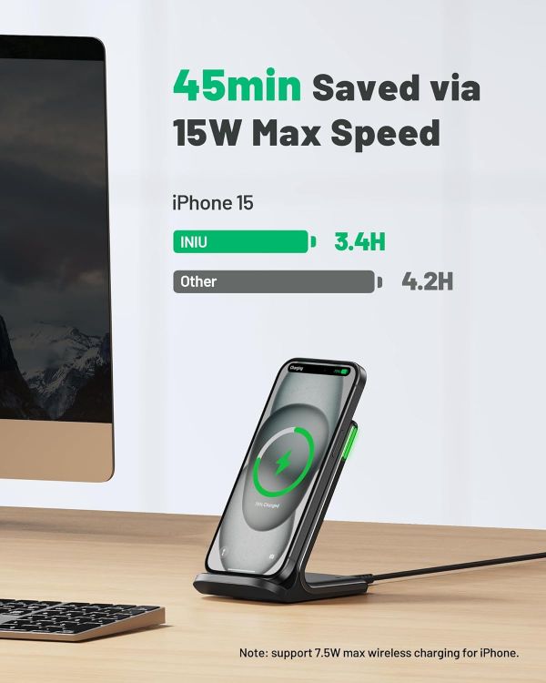 Picture of INIU 15W Fast Wireless Charger Stand, Smart LED Charging Dock for iPhone 17–11 Series, Samsung Galaxy S23/S22/S21, Google Pixel 8/7/6