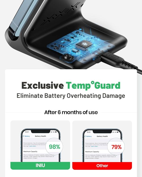 Picture of INIU 15W Fast Wireless Charger Stand, Smart LED Charging Dock for iPhone 17–11 Series, Samsung Galaxy S23/S22/S21, Google Pixel 8/7/6