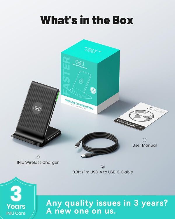 Picture of INIU 15W Fast Wireless Charger Stand, Smart LED Charging Dock for iPhone 17–11 Series, Samsung Galaxy S23/S22/S21, Google Pixel 8/7/6