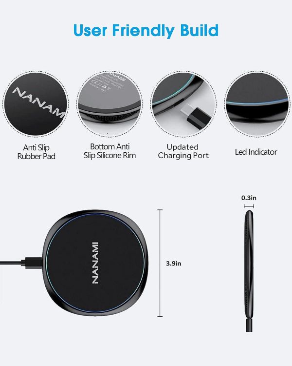 Picture of NANAMI Wireless Charger, 10W Qi-Certified Fast Charging Pad for iPhone 17 16 15 14 13 12 11 SE, AirPods & Samsung Galaxy S25 Ultra/S25+/S24/S23/S22