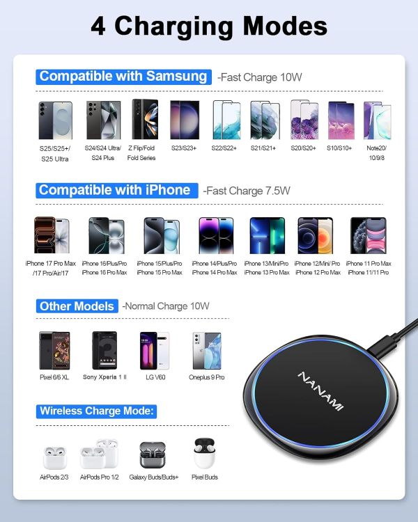 Picture of NANAMI Wireless Charger, 10W Qi-Certified Fast Charging Pad for iPhone 17 16 15 14 13 12 11 SE, AirPods & Samsung Galaxy S25 Ultra/S25+/S24/S23/S22