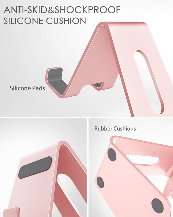 Picture of Aluminum Desktop Phone Stand – Universal Cradle & Holder for iPhone 6–16, All Smartphones, and Nintendo Switch (Rose Gold)