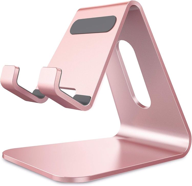 Picture of Aluminum Desktop Phone Stand – Universal Cradle & Holder for iPhone 6–16, All Smartphones, and Nintendo Switch (Rose Gold)