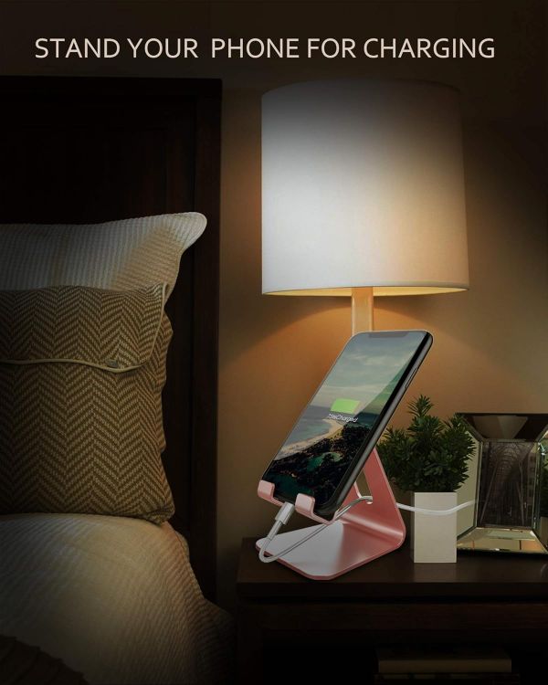 Picture of Aluminum Desktop Phone Stand – Universal Cradle & Holder for iPhone 6–16, All Smartphones, and Nintendo Switch (Rose Gold)