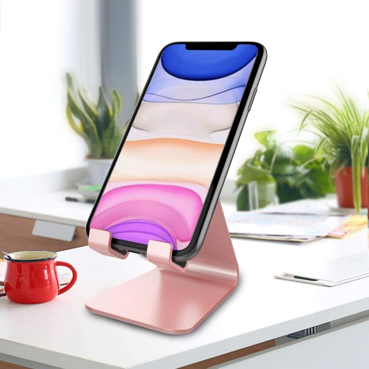 Picture of Aluminum Desktop Phone Stand – Universal Cradle & Holder for iPhone 6–16, All Smartphones, and Nintendo Switch (Rose Gold)