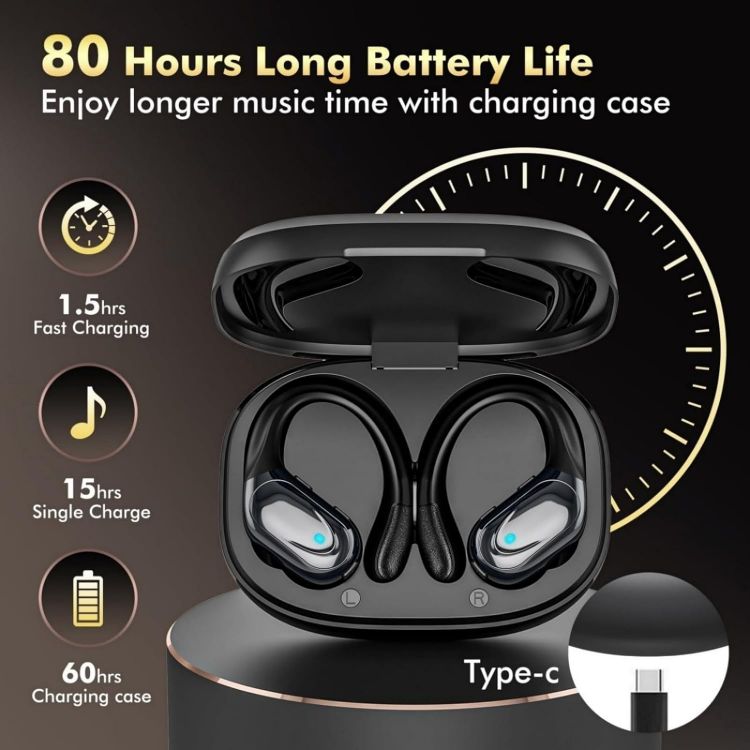 Picture of Wireless Sports Bluetooth Earbuds – 80H Playtime, LED Power Display, Noise-Canceling, IPX7 Waterproof Earphones for Workout & Running