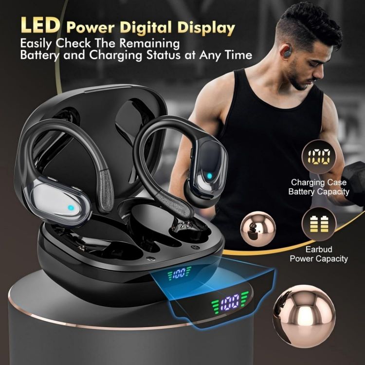 Picture of Wireless Sports Bluetooth Earbuds – 80H Playtime, LED Power Display, Noise-Canceling, IPX7 Waterproof Earphones for Workout & Running