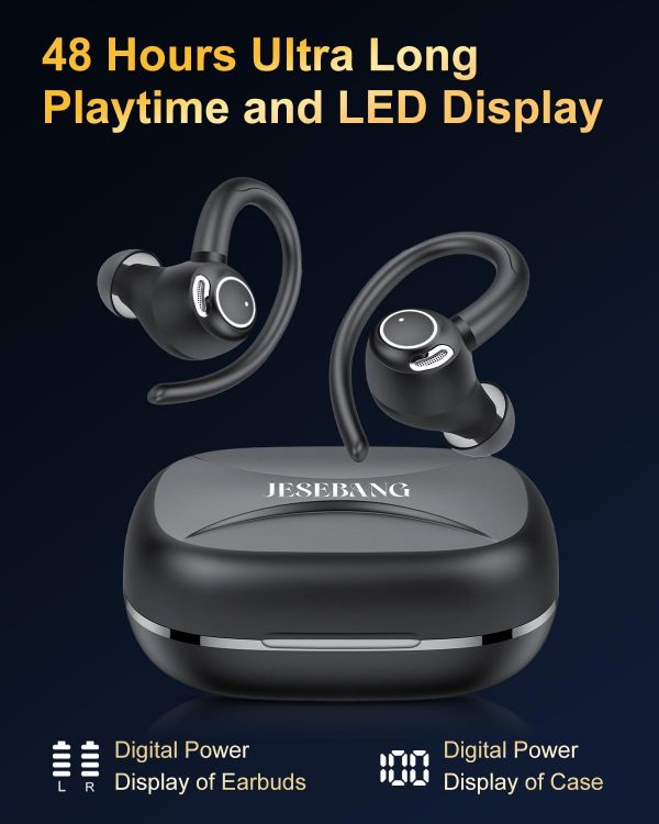 Picture of Jesebang Wireless Earbuds – Bluetooth 5.3, HiFi Stereo, ENC Mic, Sport Earhooks, 40H Playtime, Dual LED Display, IP7 Waterproof, Black