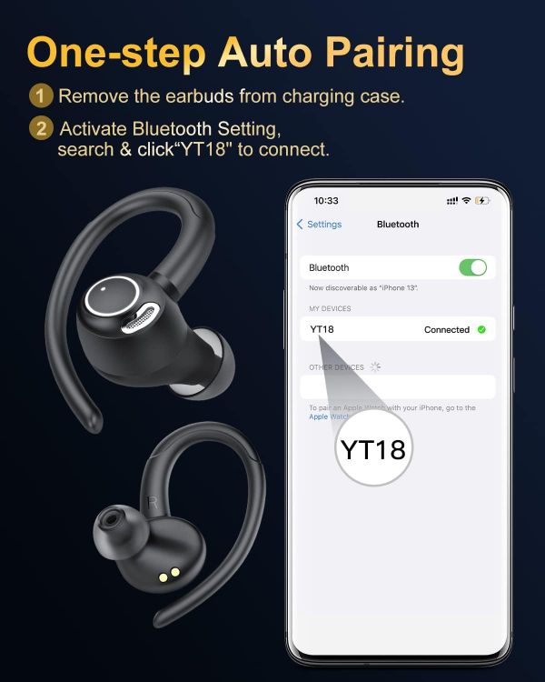 Picture of Jesebang Wireless Earbuds – Bluetooth 5.3, HiFi Stereo, ENC Mic, Sport Earhooks, 40H Playtime, Dual LED Display, IP7 Waterproof, Black