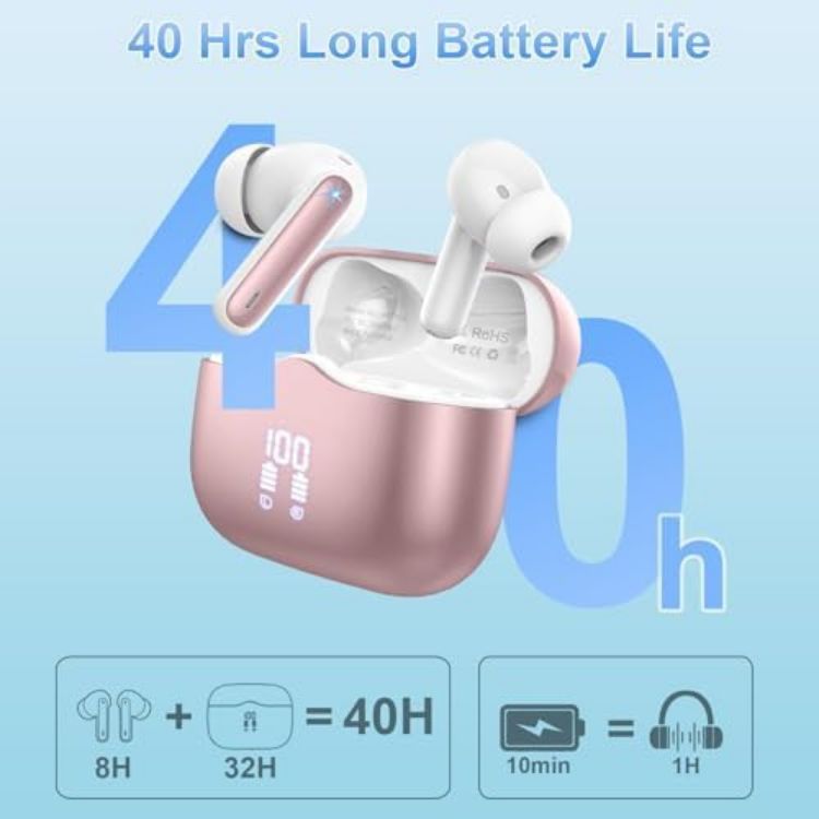 Picture of Wireless Bluetooth 5.4 Earbuds – HiFi Stereo, Deep Bass, 4 ENC Noise-Canceling Mics, 40H Playtime, Dual LED Display, IPX7 Waterproof, Rose Gold