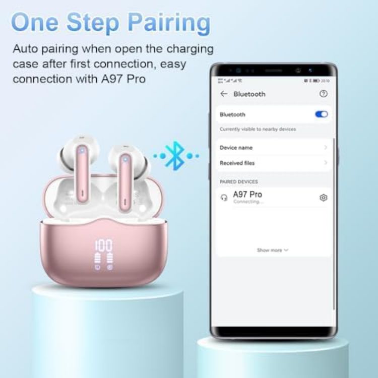 Picture of Wireless Bluetooth 5.4 Earbuds – HiFi Stereo, Deep Bass, 4 ENC Noise-Canceling Mics, 40H Playtime, Dual LED Display, IPX7 Waterproof, Rose Gold