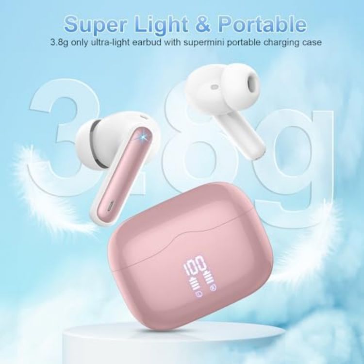 Picture of Wireless Bluetooth 5.4 Earbuds – HiFi Stereo, Deep Bass, 4 ENC Noise-Canceling Mics, 40H Playtime, Dual LED Display, IPX7 Waterproof, Rose Gold