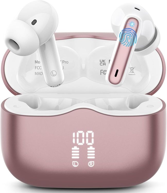 Picture of Wireless Bluetooth 5.4 Earbuds – HiFi Stereo, Deep Bass, 4 ENC Noise-Canceling Mics, 40H Playtime, Dual LED Display, IPX7 Waterproof, Rose Gold