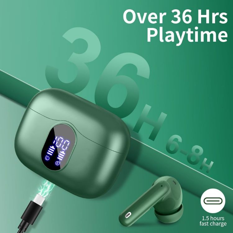 Picture of Wireless Bluetooth 5.3 Earbuds – HiFi Stereo Sound, 4 ENC Noise-Canceling Mics, 36H Playtime, LED Display, IPX7 Waterproof In-Ear Headphones, Green