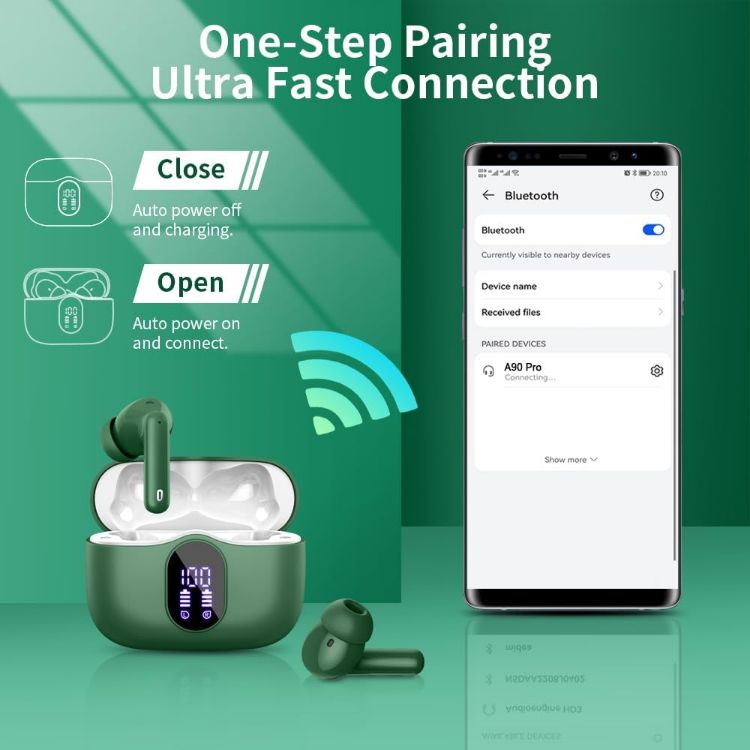 Picture of Wireless Bluetooth 5.3 Earbuds – HiFi Stereo Sound, 4 ENC Noise-Canceling Mics, 36H Playtime, LED Display, IPX7 Waterproof In-Ear Headphones, Green