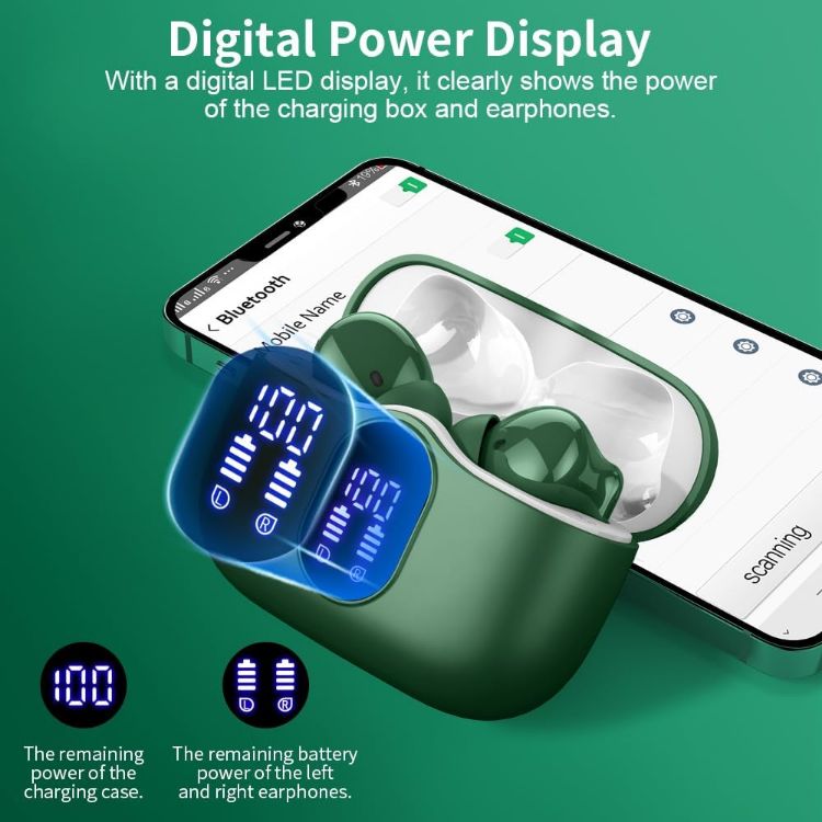 Picture of Wireless Bluetooth 5.3 Earbuds – HiFi Stereo Sound, 4 ENC Noise-Canceling Mics, 36H Playtime, LED Display, IPX7 Waterproof In-Ear Headphones, Green