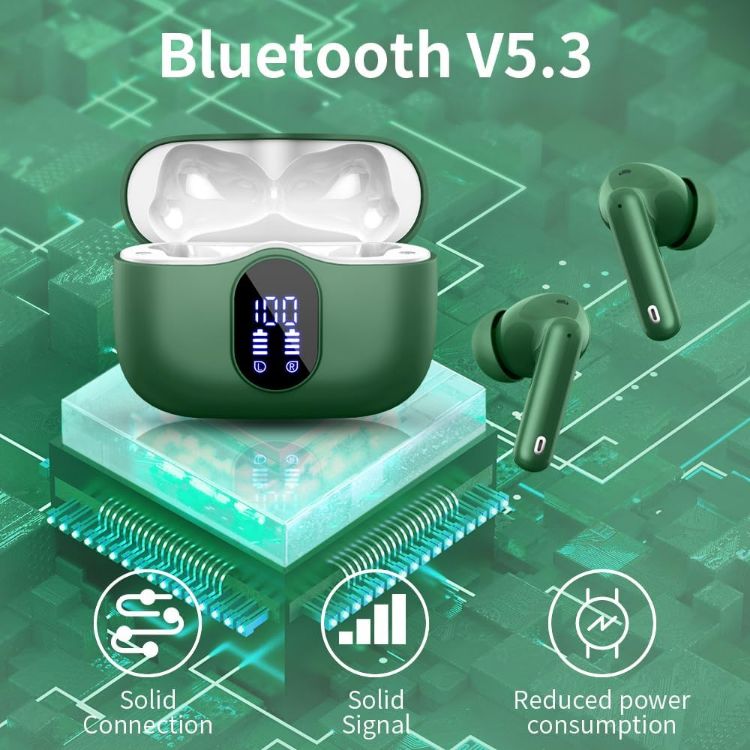 Picture of Wireless Bluetooth 5.3 Earbuds – HiFi Stereo Sound, 4 ENC Noise-Canceling Mics, 36H Playtime, LED Display, IPX7 Waterproof In-Ear Headphones, Green