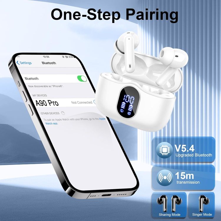 Picture of Btootos Wireless Bluetooth 5.3 Earbuds – 4 ENC Noise-Cancelling Mics, Deep Bass Stereo, 36H Playtime, LED Display, In-Ear Headphones, White