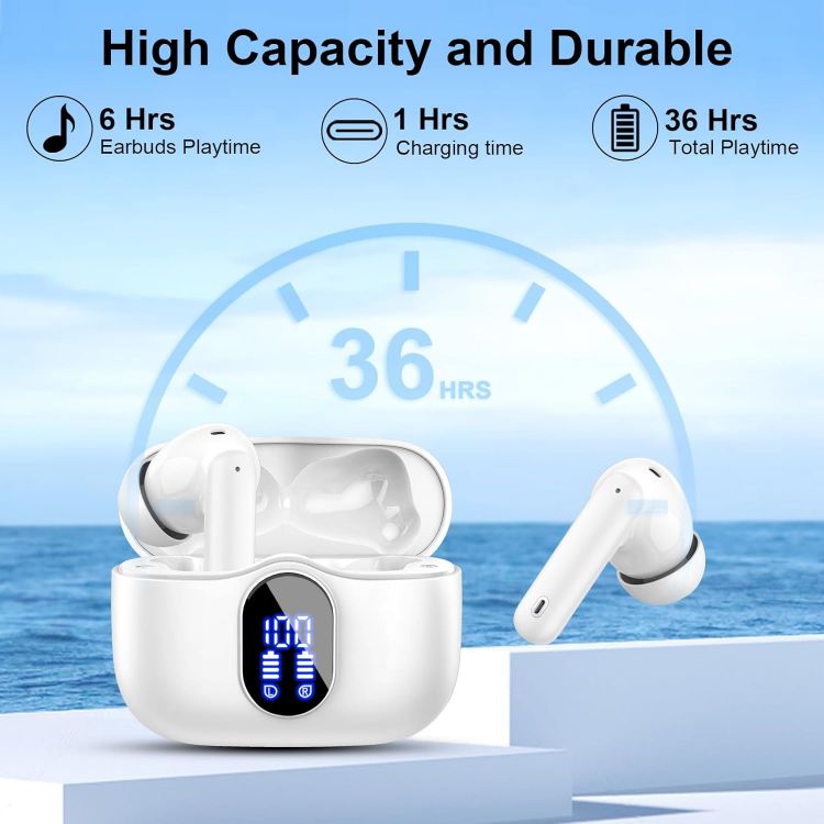Picture of Btootos Wireless Bluetooth 5.3 Earbuds – 4 ENC Noise-Cancelling Mics, Deep Bass Stereo, 36H Playtime, LED Display, In-Ear Headphones, White