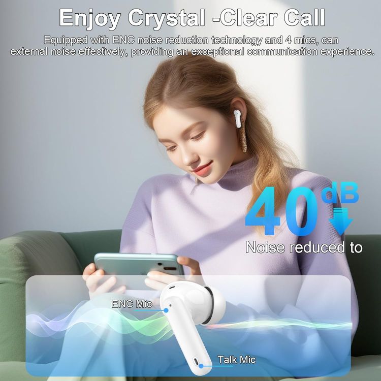 Picture of Btootos Wireless Bluetooth 5.3 Earbuds – 4 ENC Noise-Cancelling Mics, Deep Bass Stereo, 36H Playtime, LED Display, In-Ear Headphones, White