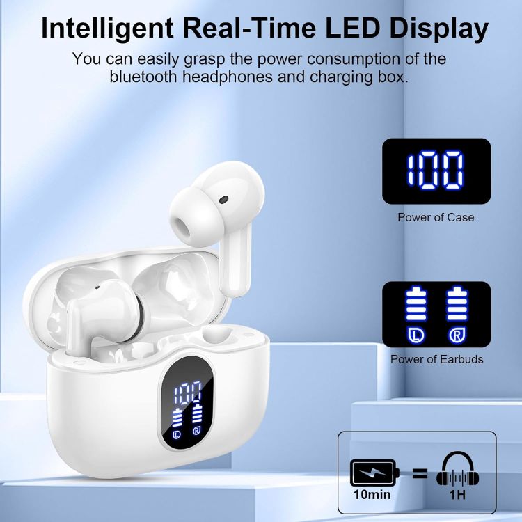 Picture of Btootos Wireless Bluetooth 5.3 Earbuds – 4 ENC Noise-Cancelling Mics, Deep Bass Stereo, 36H Playtime, LED Display, In-Ear Headphones, White