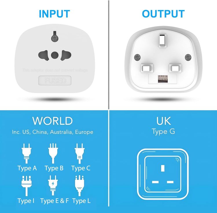 Picture of 2-Pack Universal Travel Plug Adapter (EU/US/AU to UK) with 13A Fuse – Compatible with Type A, B, C, E, F, I, L Plugs for Worldwide Use