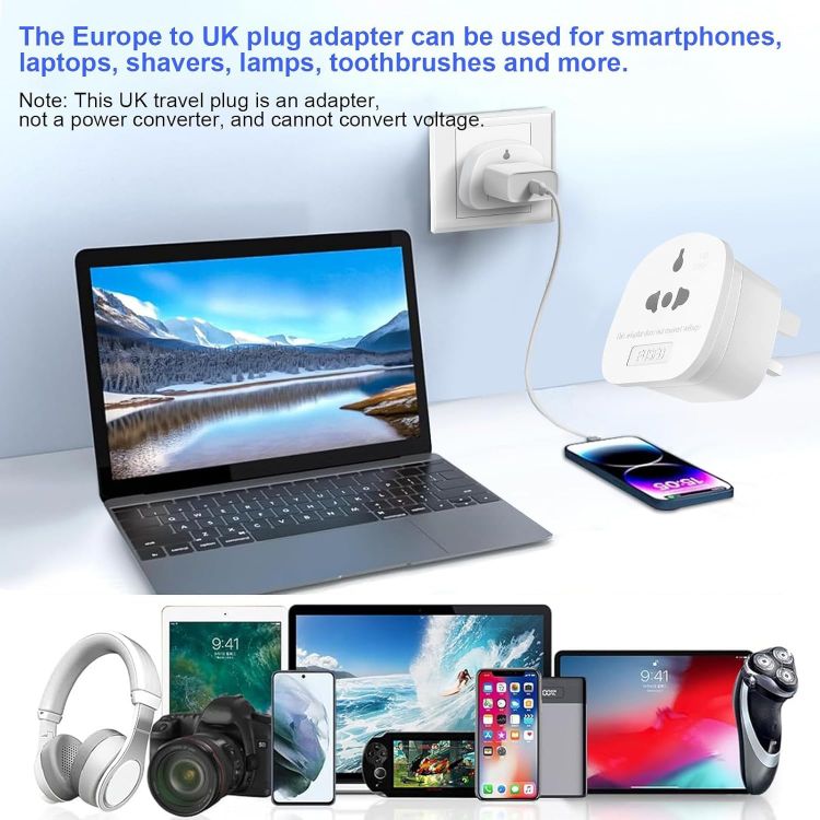 Picture of 2-Pack Universal Travel Plug Adapter (EU/US/AU to UK) with 13A Fuse – Compatible with Type A, B, C, E, F, I, L Plugs for Worldwide Use