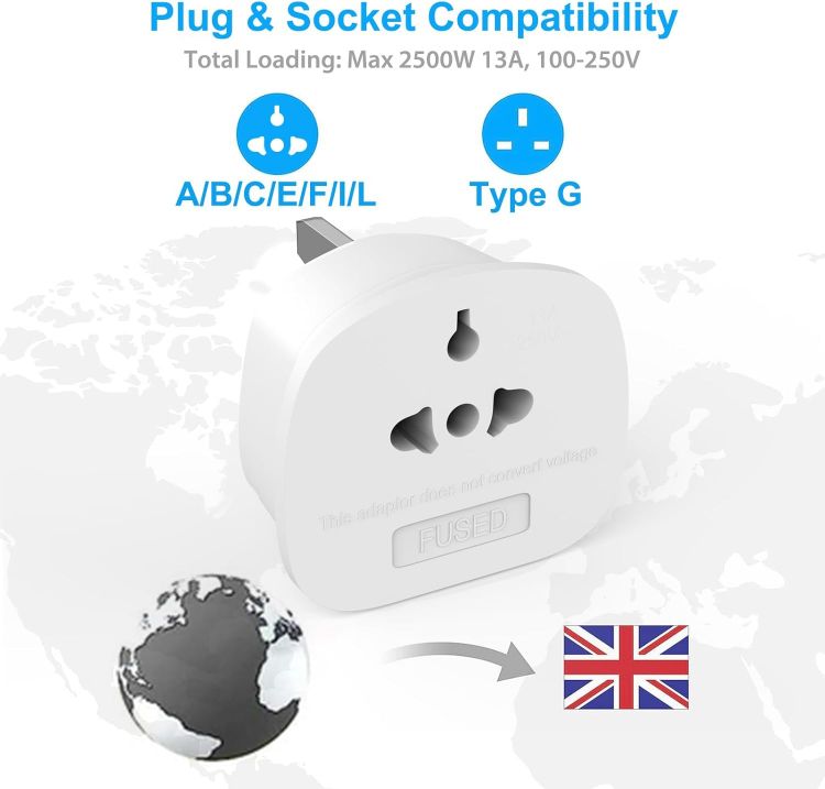 Picture of 2-Pack Universal Travel Plug Adapter (EU/US/AU to UK) with 13A Fuse – Compatible with Type A, B, C, E, F, I, L Plugs for Worldwide Use