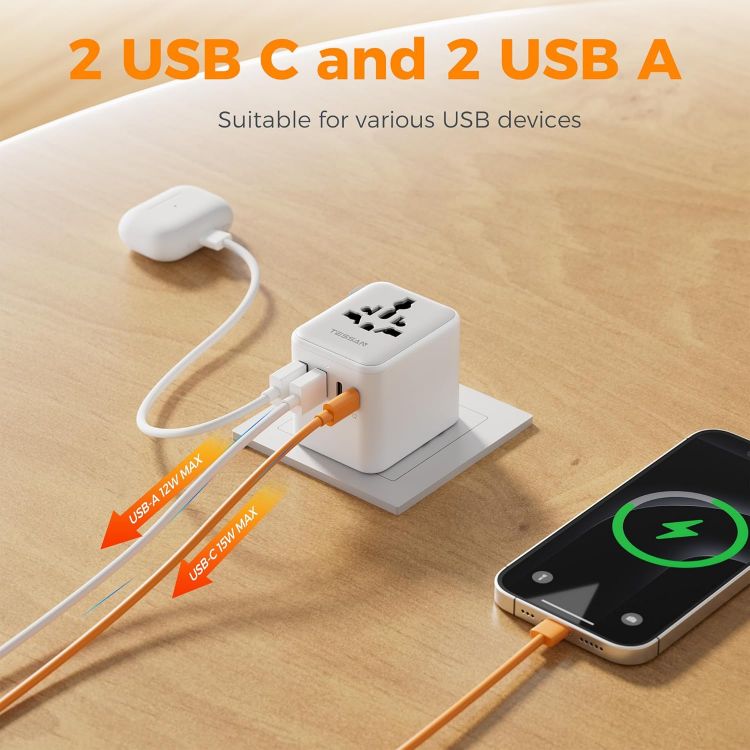 Picture of TESSAN Universal Travel Adapter with 2 USB-C & 2 USB-A Ports – UK to Worldwide (Not Voltage Converter)