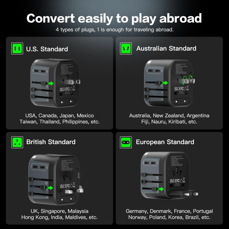 Picture of Universal Travel Adapter – All-in-One International Plug with 2 USB-C & 2 USB Ports, Dual Safety Fuses, UK to EU Compatible
