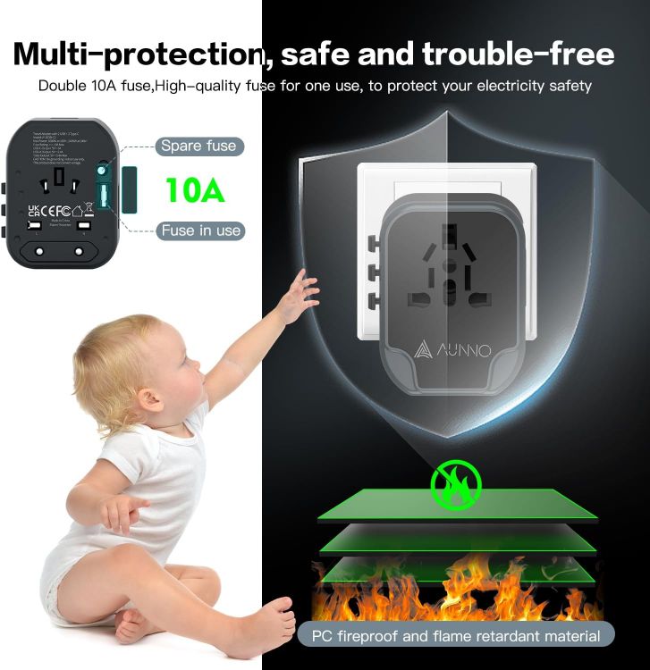 Picture of Universal Travel Adapter – All-in-One International Plug with 2 USB-C & 2 USB Ports, Dual Safety Fuses, UK to EU Compatible