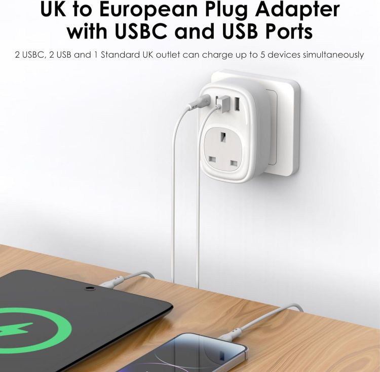 Picture of UK to EU Plug Adapter – 40W USB-C Fast Travel Charger, Type E/F, Europe Compatible